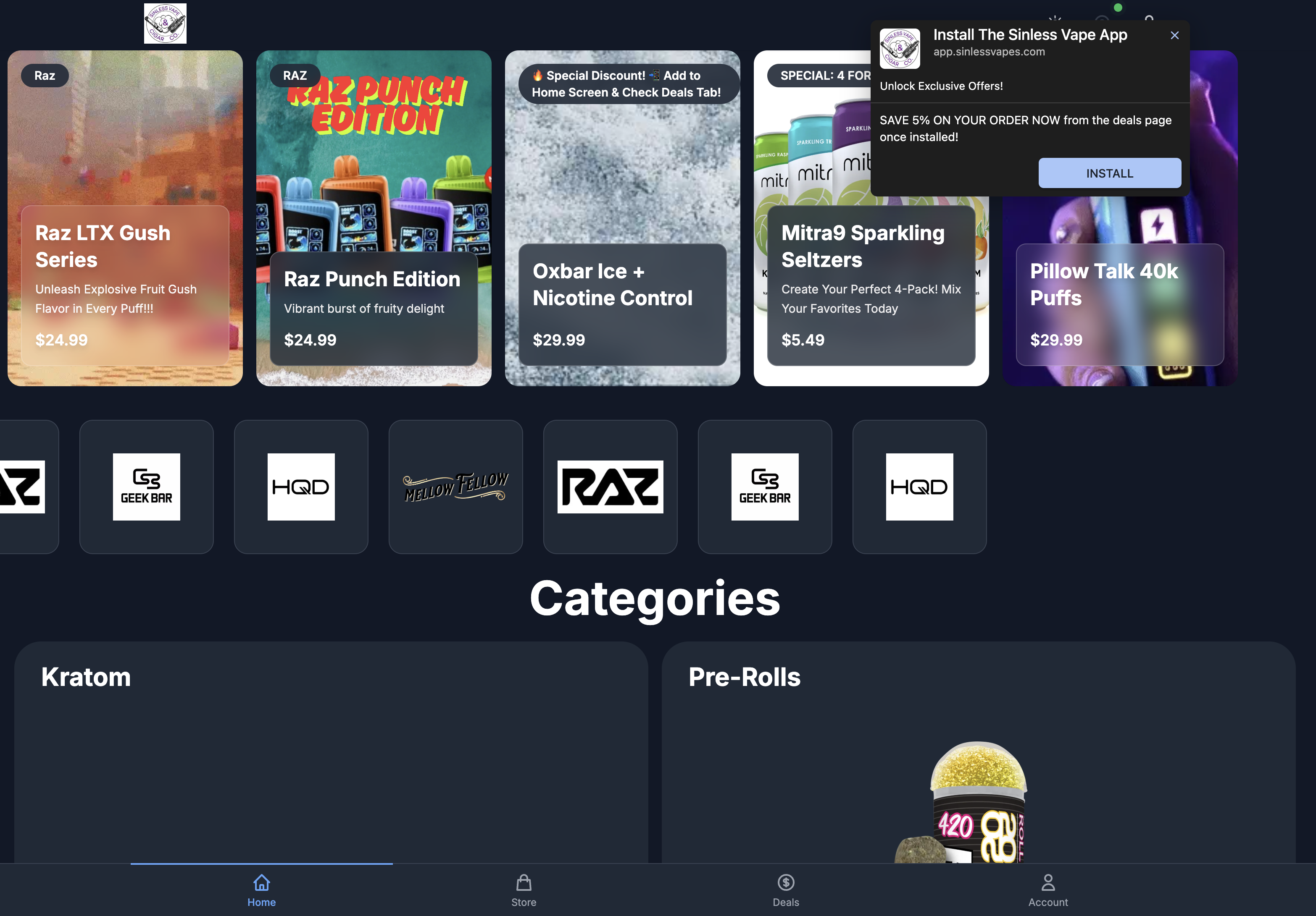 Screenshot of Sinless Vapes